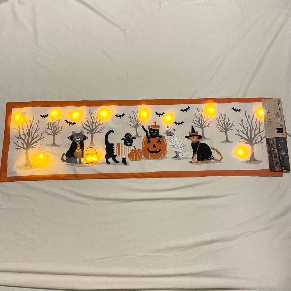 Sweet Street Halloween Light Up Table Runner with Cats and Pumpkins